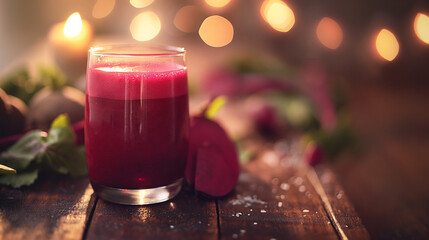 glass of vibrant red beet juice placed on a rustic wooden table. The juice appears freshly made, with a frothy surface and garnished with a sprig of green herbs,