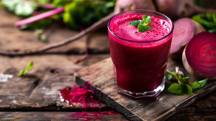 glass of beet juice, emphasizing freshness, health, and natural aesthetics. sense of health-conscious living, simplicity, and wellness.