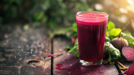 glass of vibrant red beet juice placed on a rustic wooden table. The juice appears freshly made, with a frothy surface and garnished with a sprig of green herbs,