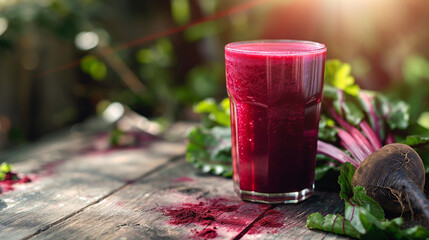 glass of vibrant red beet juice placed on a rustic wooden table. The juice appears freshly made, with a frothy surface and garnished with a sprig of green herbs,