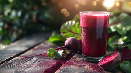 glass of vibrant red beet juice placed on a rustic wooden table. The juice appears freshly made, with a frothy surface and garnished with a sprig of green herbs,