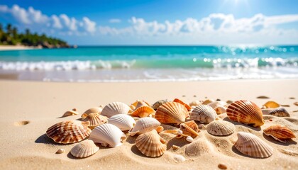 Seashells on Sandy Beach with Turquoise Ocean