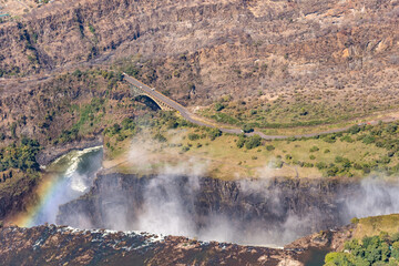 Aerial shot of the Victoria Falls on the Zimbawe Zambia Border.
