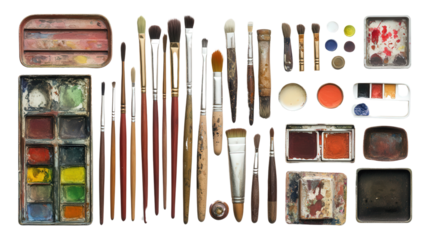 Art class tools such as brushes, watercolors, and palette, Transparent background, PNG file