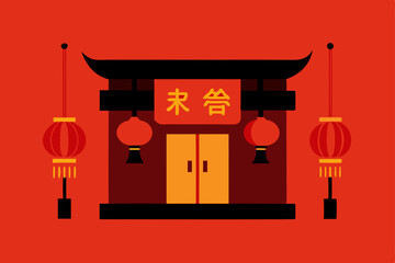 Vibrant Chinese New Year Temple Illustration Festive Red Lanterns and Architecture