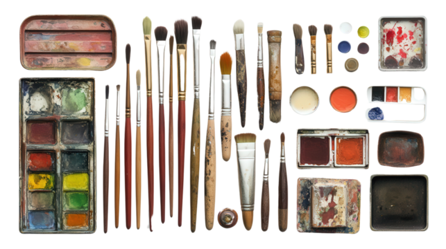 Art class tools such as brushes, watercolors, and palette, Transparent background, PNG file