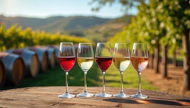 Wine tasting experience in Napa Valley. Various red and white wine glasses against vineyard background. Rustic wooden table with barrels, scenic outdoor. Enjoy elegant drink, beverage during vacation.