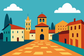 Fototapeta premium Charming Italian Village A Colorful Architectural Illustration of a Picturesque Town