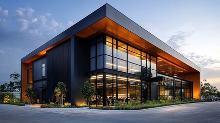 Sleek warehouse office facility with contemporary exterior design, blending industrial and corporate style