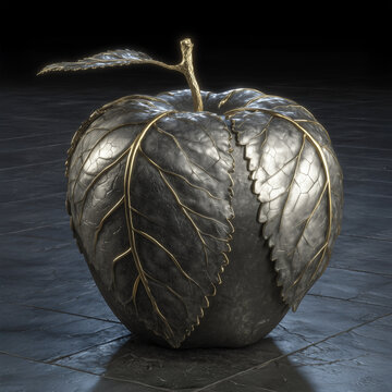 Elegant metallic apple sculpture with detailed silver leaves and golden veins. Luxurious surreal fruit design on dark stone floor. Artistic and conceptual still life.

