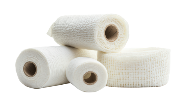 Bandages and gauze rolls in various sizes, Transparent background, PNG file - Powered by Adobe