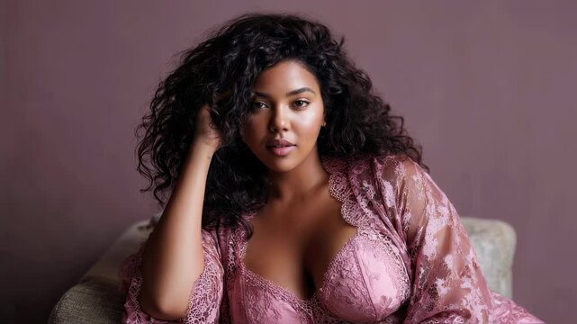 Curvy plus size model wearing pink lace lingerie sitting gracefully on armchair, touching hair and looking confidently at camera in studio setting with soft pink backdrop
