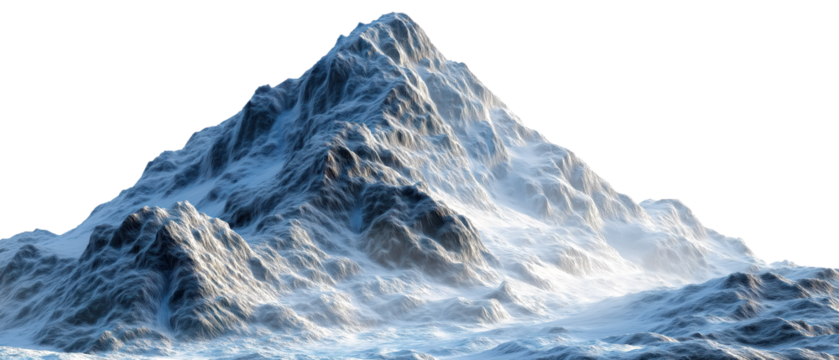 Frosted wireframe mountain peak, snowy topographic ridges, icy blue and white terrain, digital stylized 3D, isolated on black background, high resolution PNG

