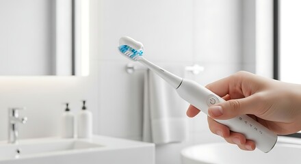 Close-up of a woman's hand holding a sleek white electric toothbrush with blue bristles toothpaste applied ready for use in a bright modern bathroom
