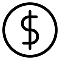 Black and white dollar sign with a vertical line. Icon