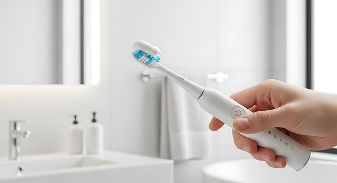 Close-up of a woman's hand holding a sleek white electric toothbrush with blue bristles toothpaste applied ready for use in a bright modern bathroom