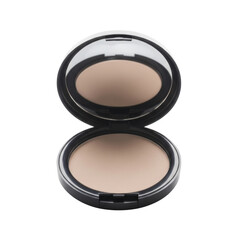 Open compact makeup case with nude powder in black container isolated on transparent background PNG