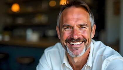 Obraz premium Mature Man with Beard Smiling in Bright Indoor Setting 