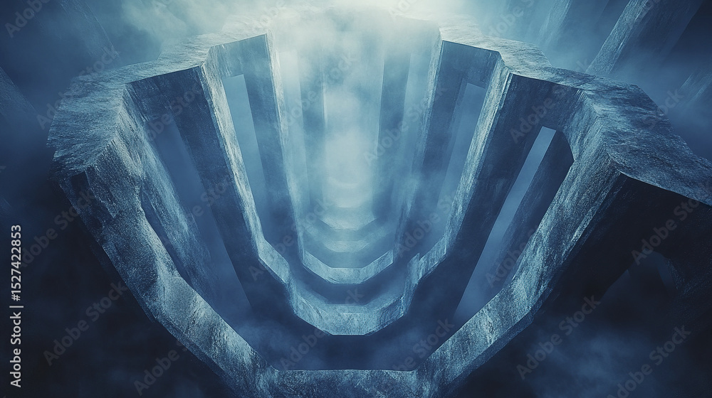 Poster mysterious hexagonal columns emerge from misty void, creating ambient atmosphere