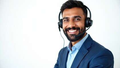 Smiling Indian call center agent wearing headset with microphone. Cheerful face of pro support employee. Customer service, online help, communication tech.