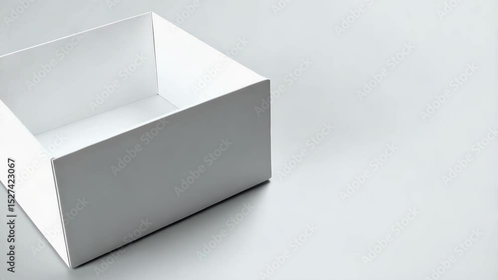 Poster slightly angled view of a stark white rectangular cardboard box, casting a soft shadow on a light ne