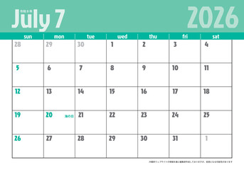 日曜始まり卓上カレンダー令和8年 2026年7月　ビジネス向け　シンプルカレンダー素材