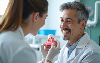 Dentist showing teeth model to patient in modern clinic. High quality