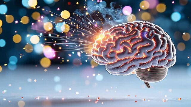 A glowing human brain emitting radiant neural sparks. Mental energy, artificial intelligence, data transfer and cognitive breakthroughs, suitable for science, education, technology or healthcare