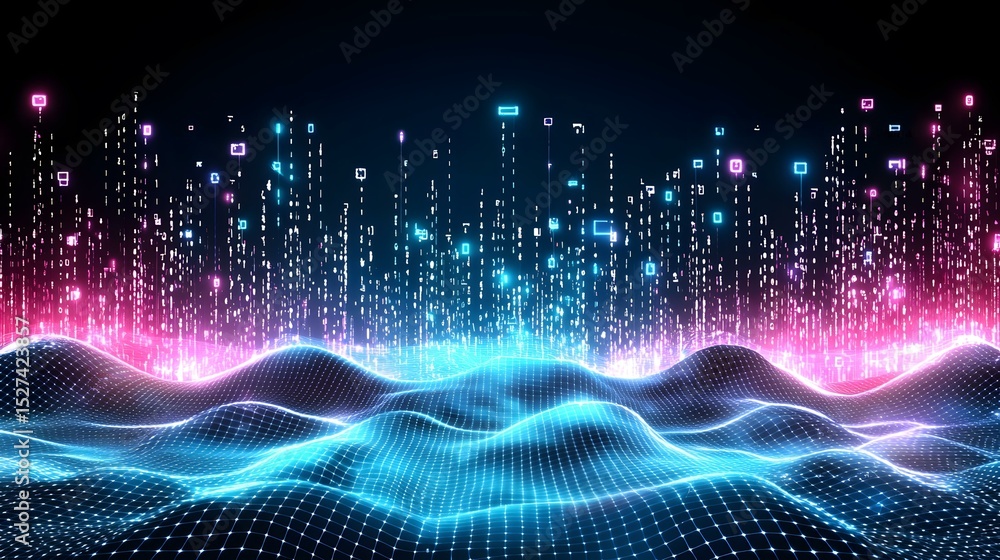 Poster a glowing, abstract landscape of undulating, gridded surfaces is depicted, overlaid with a cascading