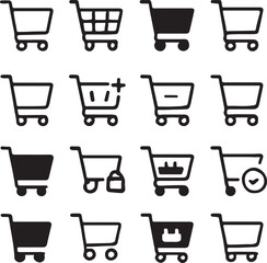 A set of 12 black and white vector shopping cart icons in various styles (empty, full, with plus, with minus, checkout, locked), clean and minimal, isolated on white background.