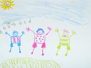 Child's Crayon Drawing. Happy Children Playing Under a Sunny Sky.