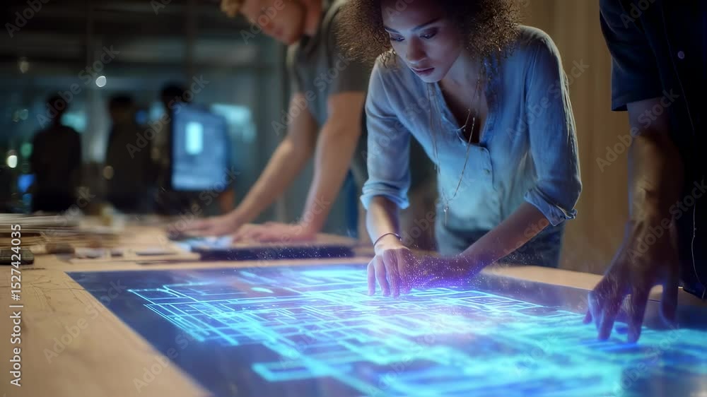 Poster professional engineers collaborate on an innovative holographic interface, manipulating digital blue