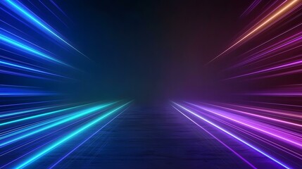The image contains streaks of vibrant neon light, in shades of blue and purple, converging towards a dark, textured surface that appears to be a floor.  The overall effect creates a dynamic and futur