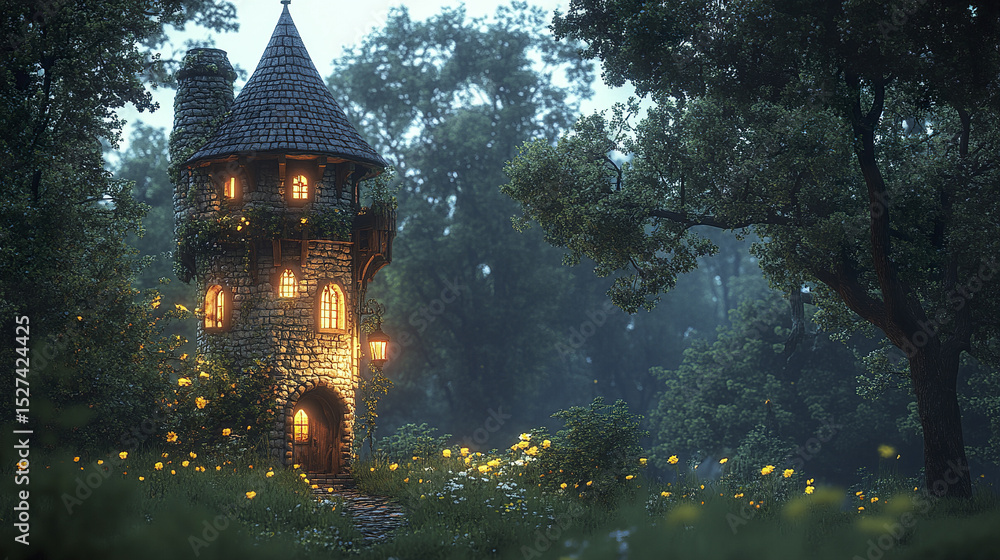 Poster charming round watchtower nestled at forest edge, illuminated by lantern lit windows