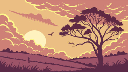 Sunset Landscape with Solitary Tree and Walking Figure