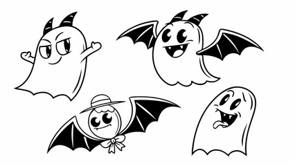 Fototapeta premium Cartoon Halloween Ghosts and Ghost-Bats in Black and White Outline