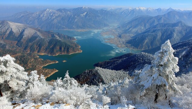 High-altitude winter landscape with snow-covered mountaintops and a vast lake