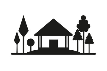 Monochrome hut and trees in hand drawn village style vector art illustration