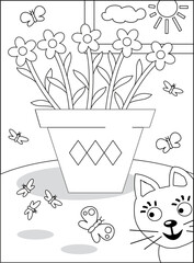 Potted flowers and curious cat coloring page

