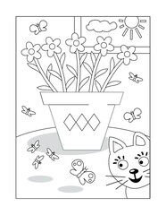 Potted flowers and curious cat coloring page
