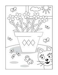 Potted flowers and curious cat coloring page
