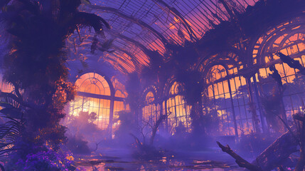 Enchanting Sunset Overgrown Greenhouse Ruin