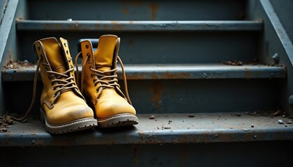 Yellow work boots rest on metallic stairs. Construction site accident. Worker safety concept. Workplace injury prevention. High-quality boots, durable design. Accident, fall hazard, slip trip.