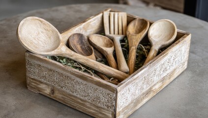 Wooden cooking utensils in a decorative box