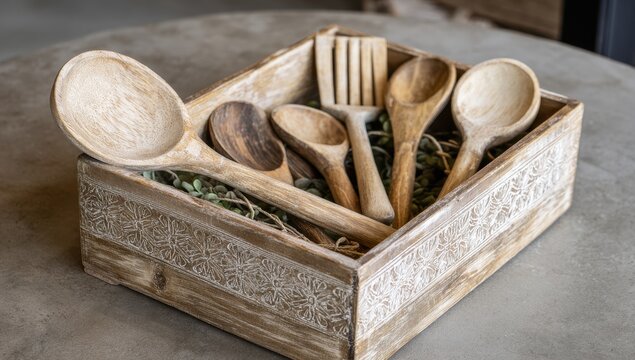 Wooden cooking utensils in a decorative box