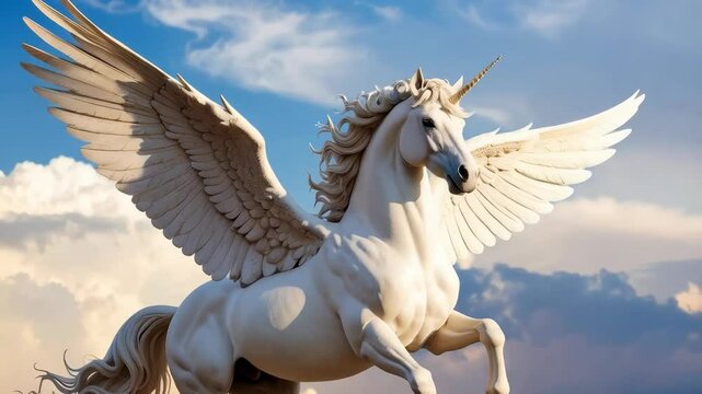 Majestic white winged unicorn rearing against a blue sky with fluffy clouds. Mythical creature illustration with horn, equine fantasy art.