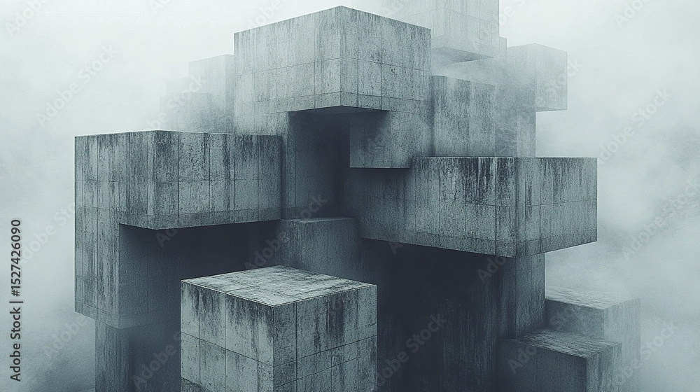 Poster mysterious abstract structures emerge from fog, showcasing sharp edged modular designs