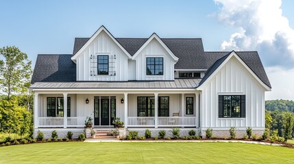 The exterior of a newly built white farmhouse-style home.