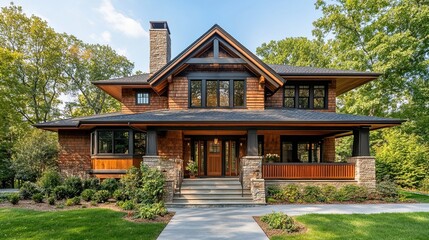 Naklejka premium The exterior of an American craftsman-style home, highlighting the entryway and porch.
