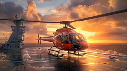 Helicopter poised on a platform at sunset, reflecting a sense of ambition